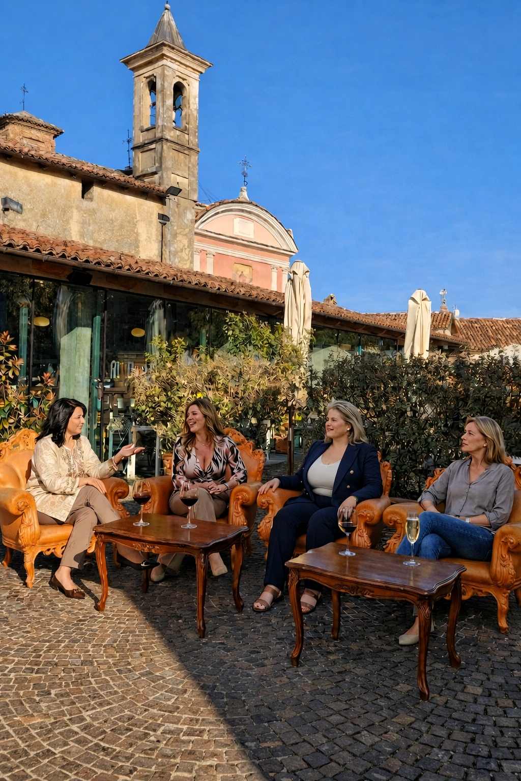 Terrasse avec fauteuils baroques couleur terre cuite et vue sur les collines de Barolo