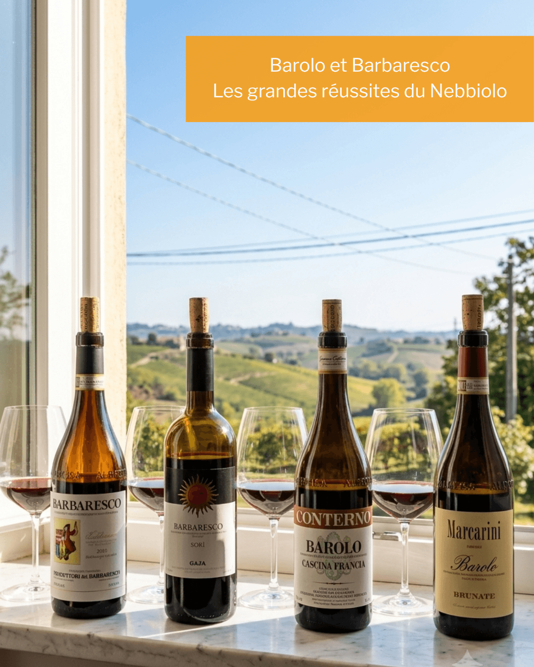 Bouteilles de Barolo et Barbaresco alignées devant les vignes des Langhe, cépage Nebbiolo, Piémont