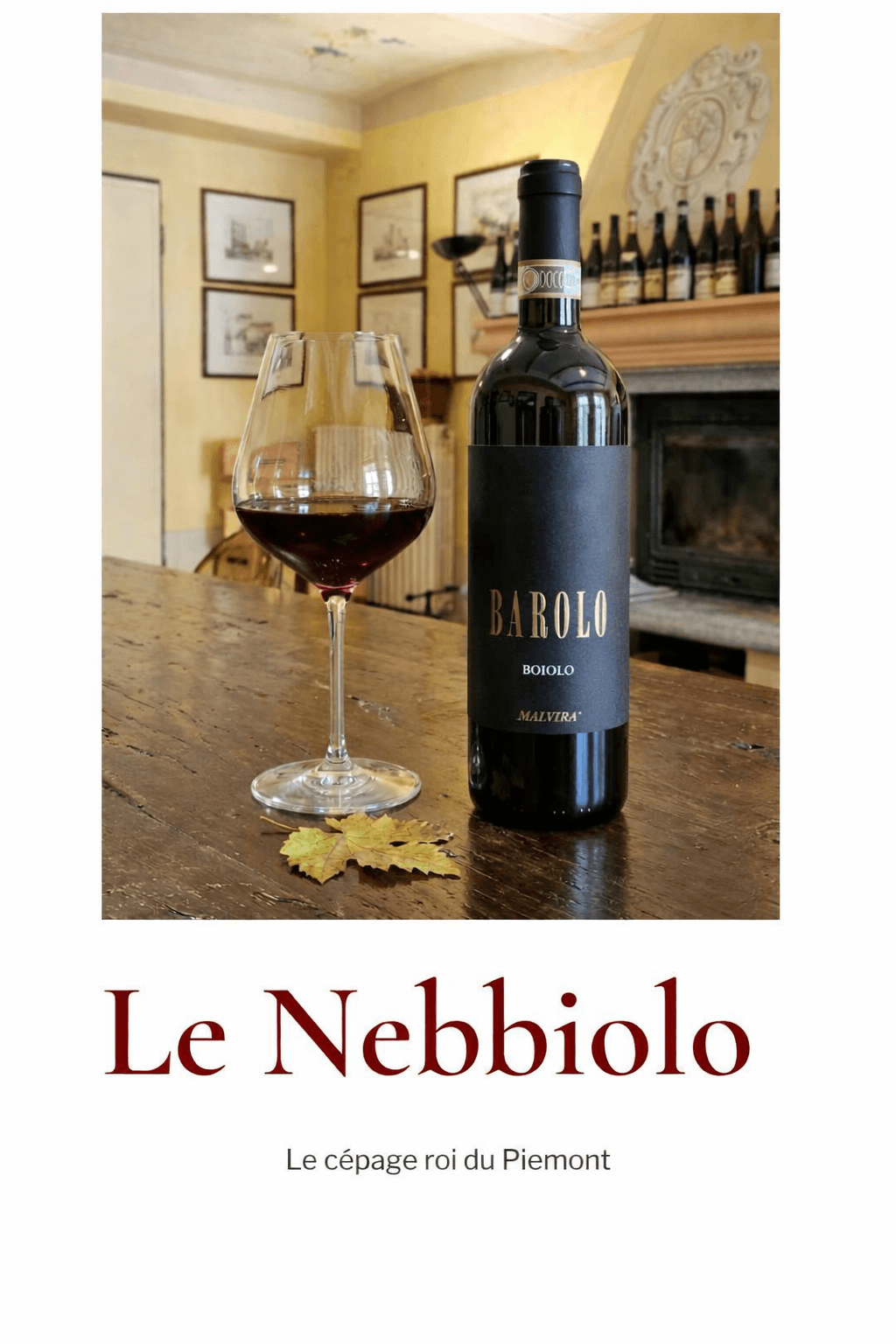 Bouteille de Barolo et verre de vin rouge dans une cave du Piémont, cépage Nebbiolo