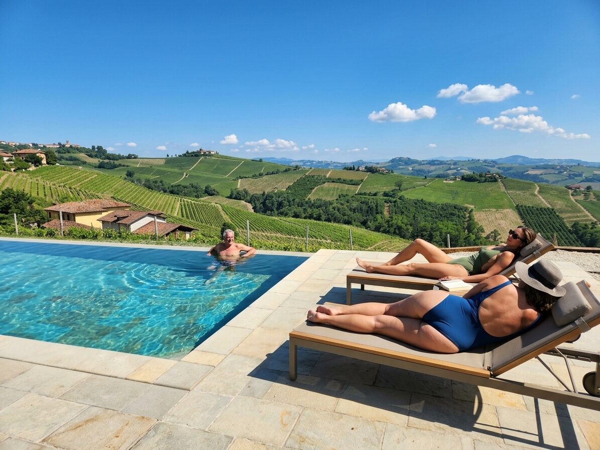 Piscine à débordement surplombant les vignes du Piémont, Langhe