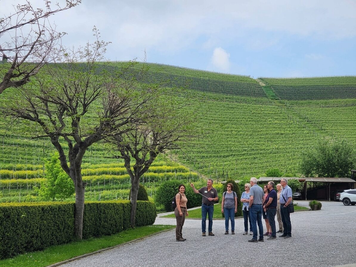 Visite guidée dans les vignes, colza jaune en bordure de parcelle, Langhe, Piémont