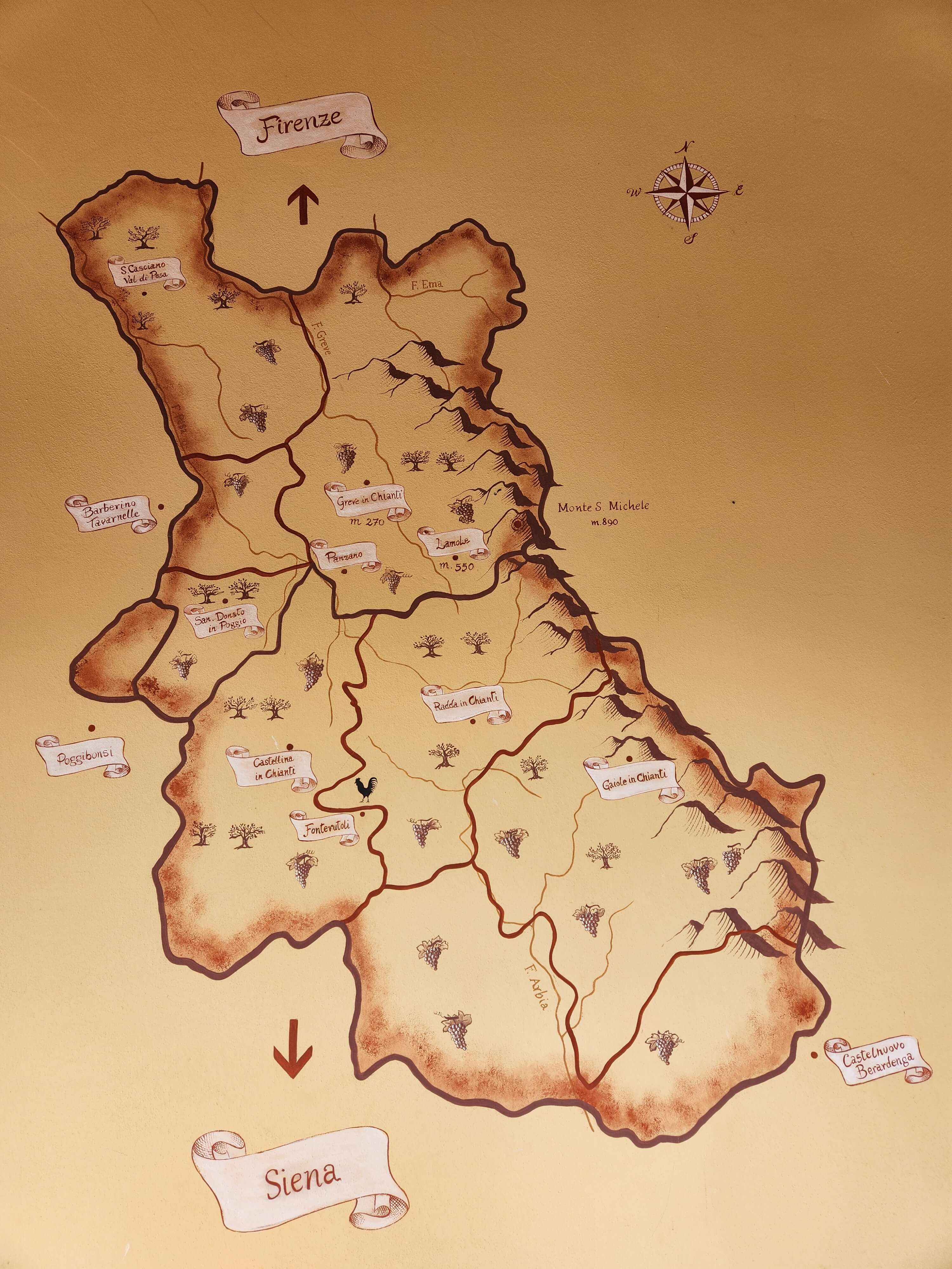 Carte peinte du Chianti Classico de Florence à Sienne sur le mur du domaine