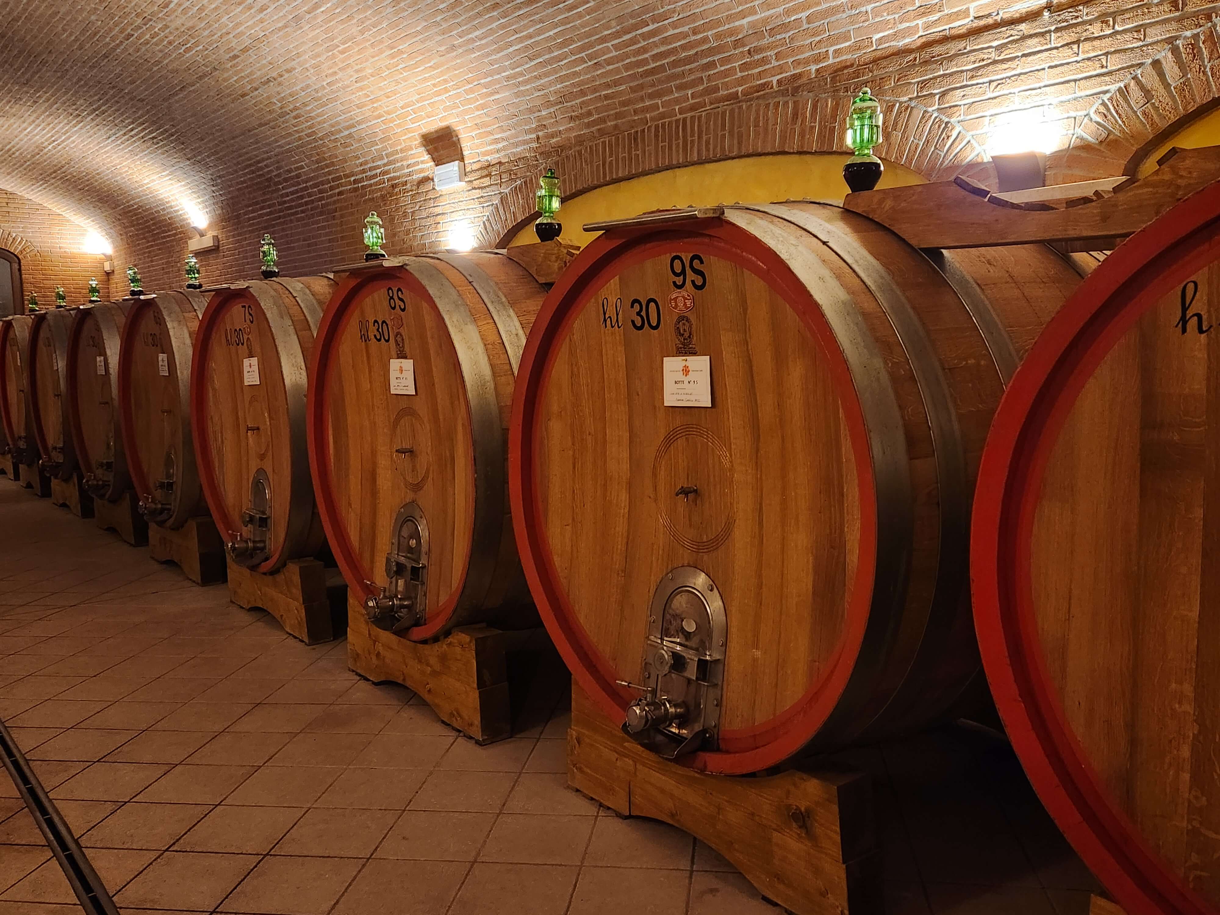 Cave voûtée avec grandes barriques en chêne numérotées, domaine Valpolicella, Amarone